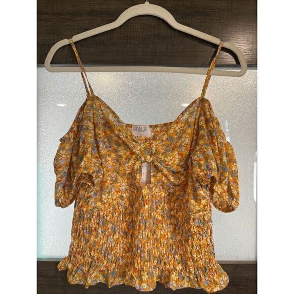 NWT Sienna Sky Front Bow Crop Top L Cold Shoulder Smocked Ditsy Floral Print